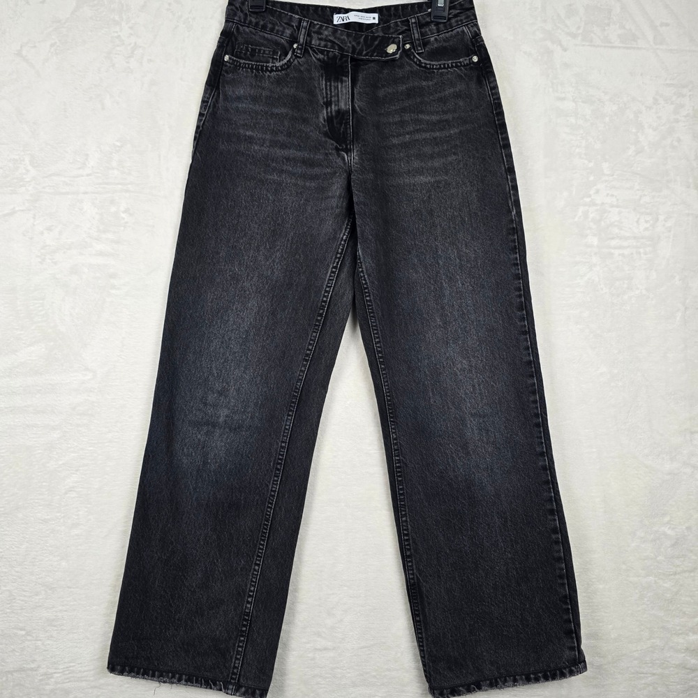 Zara Asymmetrical Crossover Waist Jeans Washed Black Straight Leg High Rise Sz 2